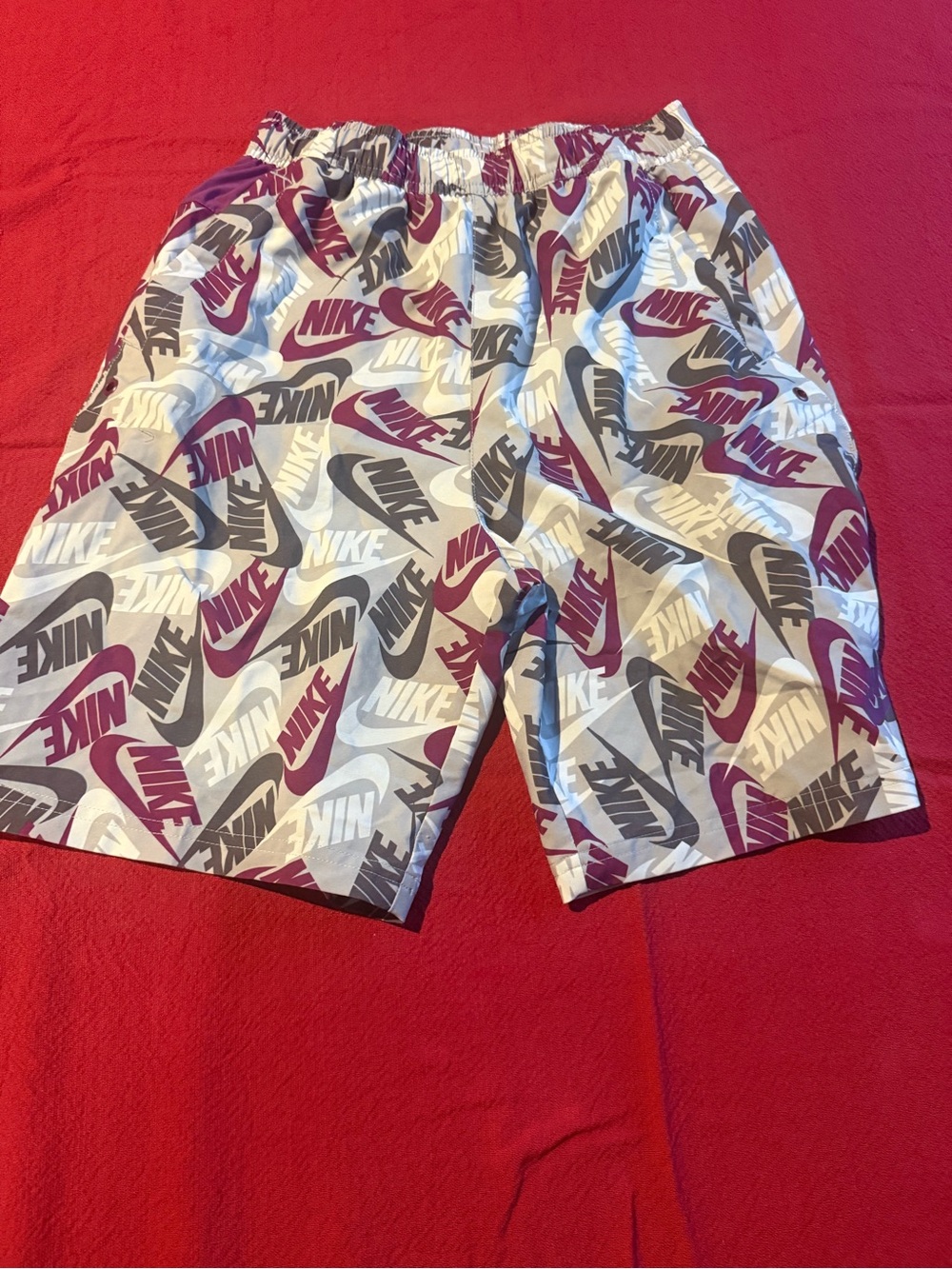 Nike Men’s All-Over Logo Print Volley Shorts Trunks Grey Maroon Purple